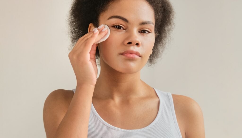 Black african american woman holding cotton pad disk cleaning face skin with cleanser tonic.