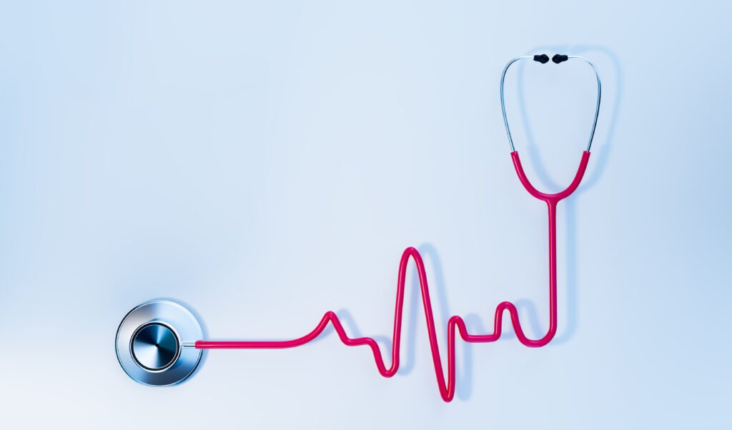 pink EKG graph shape stethoscope on white background