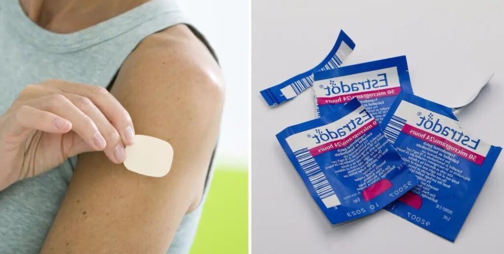 Bilde av person som tar på Østrogenplaster.